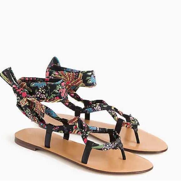 J. Crew Wrap Around Floral Ribbon Lace Up Flat Sandals Size 9 - Picture 1 of 6